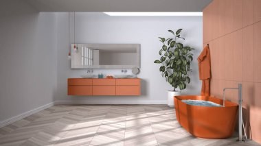 Turuncu tonlarda geniş bir banyo. Ringbone parke zemin, yakın çekim, serbest banyo havlular ve şişelerle çift lavabo, ayna, saksı fabrikası, minimalist iç tasarım.