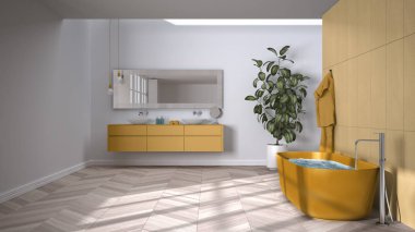 Herringbone parke zeminli geniş bir banyo, yakın çekim, serbest banyo, havlular ve şişelerle çift lavabo, ayna, saksı fabrikası, minimalist iç tasarım.