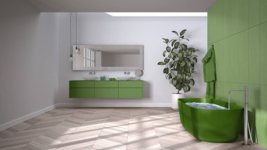 Ringbone parke zeminli, yeşil tonlarda geniş banyo, yakın çekim, serbest banyo havlular ve şişelerle çift lavabo, ayna, saksı fabrikası, minimalist iç tasarım.