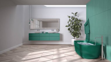 Ringbone parke zeminli turkuaz tonlarda geniş banyo, yakın çekim, serbest banyo havlular ve şişelerle çift lavabo, ayna, saksı fabrikası, minimalist iç tasarım.