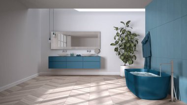 Herringbone parke zeminli geniş bir banyo, yakın çekim, serbest küvet, havlular ve şişelerle çift lavabo, ayna, saksı fabrikası, minimalist iç tasarım.