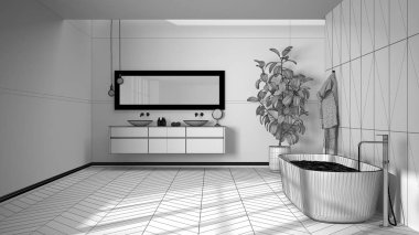 Tamamlanmamış proje taslağı, ringa kemiği parke zeminli geniş banyo, yakın çekim, serbest banyo, havlu ve şişeli çift lavabo, saksı fabrikası, minimalist iç tasarım.