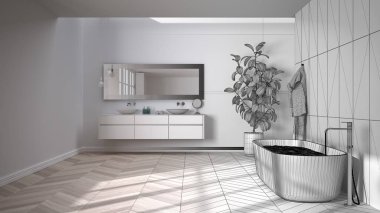 Mimari iç mimar konsepti: Bitmemiş proje gerçek oluyor, herringbone parke zeminli geniş banyo, yakın plan, serbest küvet, çift lavabo, saksı bitkisi