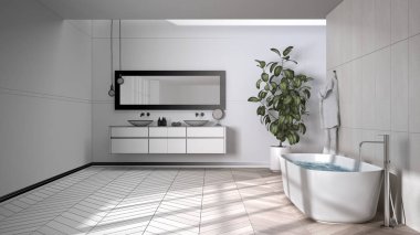 Mimari iç mimar konsepti: Bitmemiş proje gerçek oluyor, herringbone parke zeminli geniş banyo, yakın plan, serbest küvet, çift lavabo, saksı bitkisi