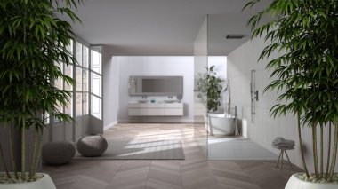 Saksı bambu bitkisi, doğal iç tasarım konsepti, küveti, duşu ve halısı olan minimalist lüks banyo, çağdaş modern mimari konsepti.