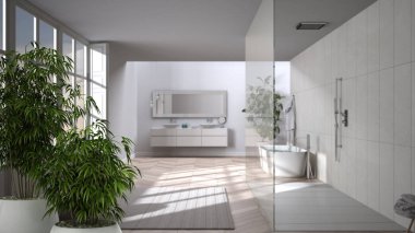 Saksı bambu bitkisi, doğal iç tasarım konsepti, küveti, duşu ve halısı olan minimalist lüks banyo, çağdaş modern mimari konsepti.