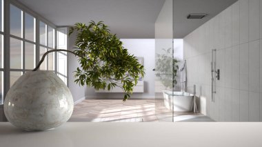 Yuvarlak mermer vazo ve saksı bonsai, yeşil yapraklı, küvetli minimalist banyo üzerinde, modern iç tasarım, zen temiz mimari konsept fikir ile beyaz paspas masa raf