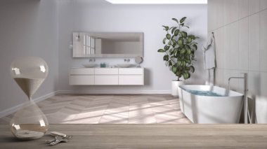 Ahşap masa, masa veya kristal modern kum saati modern banyo, mimari iç tasarım, kopya alan arka plan üzerinde bir son tarihe kadar bir geri sayım geçen zaman ölçme ile raf