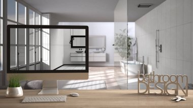 Mimar tasarımcı proje kavramı, anahtarlar, harfler banyo tasarımı ve gösterilen masaüstü ile ahşap masa blueprint Cad kroki, arka plan, beyaz iç tasarım bulanık taslak