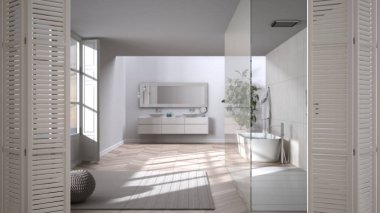 Minimalist lüks banyoda banyo, lavabo, halı ve duşla beyaz katlı kapı açılıyor. Beyaz iç tasarım, mimar tasarım konsepti, bulanık arkaplan.