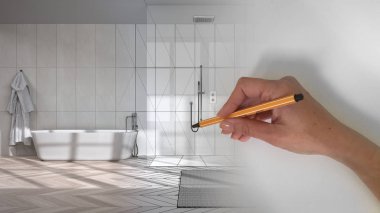 Mimari iç mimar konsepti: alan gerçek olurken el çizimi iç mimari projesi, küveti, duşu, halısı ve puf olan modern beyaz banyo