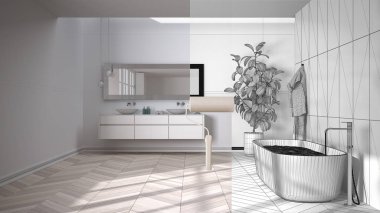 Modern banyo ve küveti gösteren alan gerçeğe dönüşürken, evin içini boyayarak iç mimari tasarım taslağı çizimi yapın. Önce ve sonra konsept, mimar tasarımcı yaratıcı