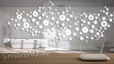 Wi-Fi kablosuz yönlendirici ahşap masa, akıllı ev, geometrik arkaplan bağlı çizgiler ve noktalar şeylerin internetini gösteriyor, ev otomasyonu kavramı modern banyo üzerinde