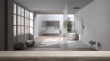 Ahşap masa üstü ya da raf üstü, Zen modu, panoramik pencereli minimum lüks banyo, içeri giren duş ve serbest banyo, beyaz mimari iç tasarım.