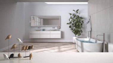 Beyaz masa üstü ya da rafta minimalist kuş süsü, kuş süsü - küveti, lavabosu, küveti, küveti, bitkisi, modern iç tasarımı olan bulanık beyaz banyo üzerindeki beceri