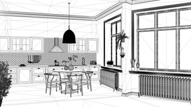 Taslak proje taslağı, mermer zemin ve pencereli antika mutfak, yemek odası, ahşap sandalyeli yuvarlak masa, saksı fabrikaları, radyatörler, kolye lambası, rahat iç tasarım.