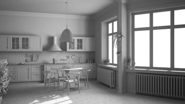 Tamamen beyaz proje taslağı, mermer zemin ve pencereli retro vintage mutfak, yemek odası, ahşap sandalyeli masa, saksı bitkileri, radyatörler, kolye lambası, rahat iç tasarım.