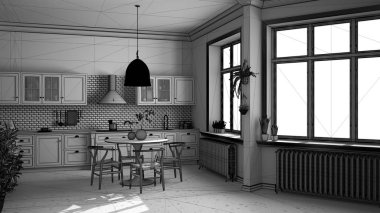 Bitmemiş proje taslağı, mermer zemin ve pencereli retro vintage mutfak, yemek odası, ahşap sandalyeli masa, saksı bitkileri, radyatörler, kolye lambası, rahat iç tasarım.