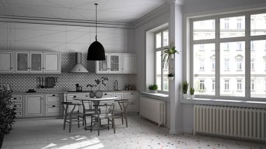 Mimari iç mimar konsepti: tamamlanmamış proje gerçeğe dönüşüyor, mermer zemin, yemek odası, sandalyeli masa, saksı bitkileri, iç tasarım