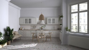 Terrazzo mermer zemin, panoramik pencereler, yemek odası, ahşap sandalyeli yuvarlak masa, saksı bitkileri, radyatörler, kolye lambası, rahat iç tasarım.