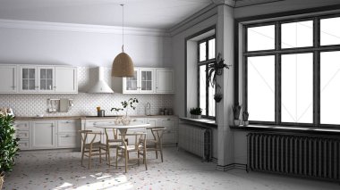 Mimari iç mimar konsepti: tamamlanmamış proje gerçeğe dönüşüyor, mermer zemin, yemek odası, sandalyeli masa, saksı bitkileri, iç tasarım