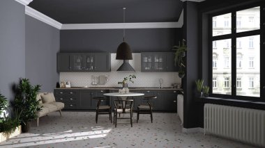 Terrazzo mermer zemin, panoramik pencereler, yemek odası, ahşap sandalyeli yuvarlak masa, saksı bitkileri, radyatör, kolye lambası, iç tasarım.