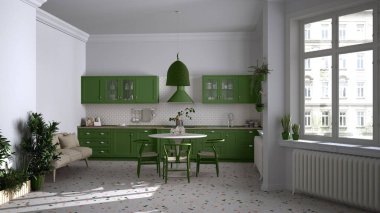 Terrazzo mermer zemin, panoramik pencereler, yemek odası, ahşap sandalyeli yuvarlak masa, saksı bitkileri, radyatör, lamba, iç tasarım