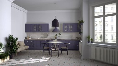 Terrazzo mermer zemin, panoramik pencereler, yemek odası, ahşap sandalyeli yuvarlak masa, saksı bitkileri, radyatör, lamba, iç tasarım