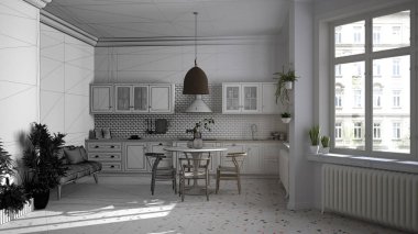 Mimari iç mimar konsepti: tamamlanmamış proje gerçeğe dönüşüyor, mermer zemin, yemek odası, sandalyeli masa, saksı bitkileri, iç tasarım