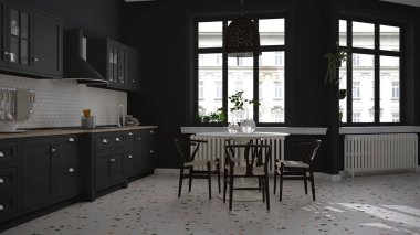 Terrazzo mermer zemin, panoramik pencereler, yemek odası, ahşap sandalyeli yuvarlak masa, saksı bitkileri, radyatör, kolye lambası, iç tasarım.