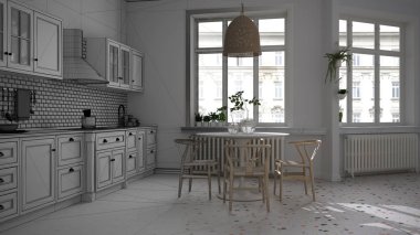 Mimari iç mimar konsepti: tamamlanmamış proje gerçeğe dönüşüyor, mermer zemin, yemek odası, sandalyeli masa, saksı bitkileri, iç tasarım