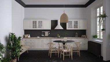 Terrazzo mermer zemin, panoramik pencereler, yemek odası, ahşap sandalyeli yuvarlak masa, saksı bitkileri, radyatör, kolye lambası, iç tasarım.