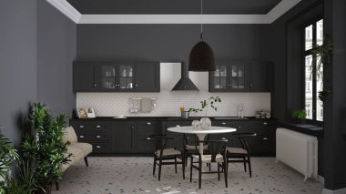 Terrazzo mermer zemin, panoramik pencereler, yemek odası, ahşap sandalyeli yuvarlak masa, saksı bitkileri, radyatör, kolye lambası, iç tasarım.