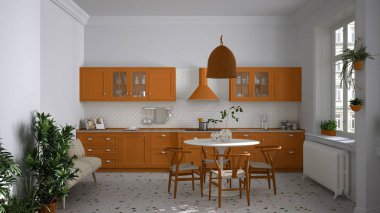 Terrazzo mermer zemin, panoramik pencereler, yemek odası, ahşap sandalyeli yuvarlak masa, saksı bitkileri, radyatör, lamba, iç tasarım