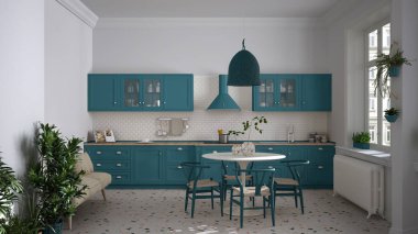 Terrazzo mermer zemin, panoramik pencereler, yemek odası ahşap sandalyeli yuvarlak masa, saksı bitkileri, radyatör, kolye lambası, iç tasarım.