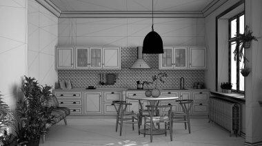 Bitmemiş proje taslağı, mermer zemin ve pencereli retro vintage mutfak, yemek odası, ahşap sandalyeli masa, saksı bitkileri, radyatörler, kolye lambası, rahat iç tasarım.