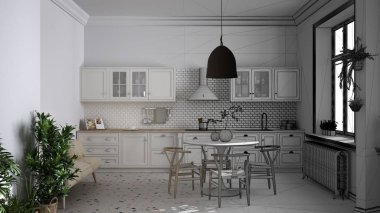 Mimari iç mimar konsepti: tamamlanmamış proje gerçeğe dönüşüyor, mermer zemin, yemek odası, sandalyeli masa, saksı bitkileri, iç tasarım