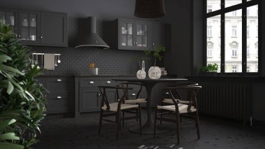 Terrazzo mermer zemin, panoramik pencereler, yemek odası, ahşap sandalyeli yuvarlak masa, saksı bitkileri, radyatörler, kolye lambası, rahat iç tasarım.