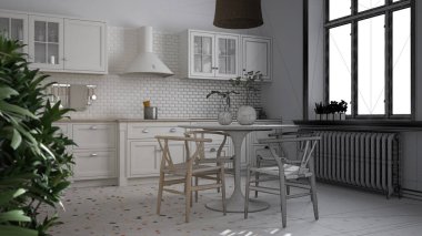 Mimari iç mimar konsepti: tamamlanmamış proje gerçeğe dönüşüyor, mermer zemin, yemek odası, sandalyeli masa, saksı bitkileri, iç tasarım