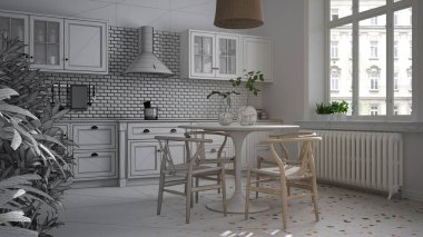 Mimari iç mimar konsepti: tamamlanmamış proje gerçeğe dönüşüyor, mermer zemin, yemek odası, sandalyeli masa, saksı bitkileri, iç tasarım