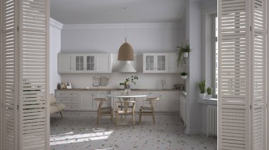 Beyaz katlı kapı mermer zemin ve pencereli retro vintage mutfakta açılıyor, yemek odası, sandalyeli masa, beyaz iç tasarım, mimar tasarım konsepti, bulanık arkaplan