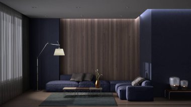 Parke zemin, beton duvar ve ahşap panel, yastıklı büyük kanepe, halı ve sehpa, yer lambası, perdeler. Mor renkli iç tasarım