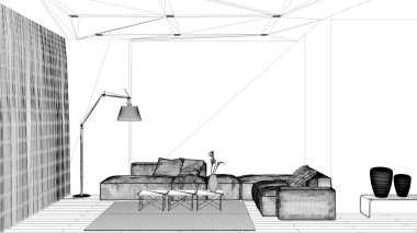 Proje taslağı, parke zemin, beton duvar ve ahşap panel, kanepe, halı ve kahve masası, lamba ve perdeleri olan asgari oturma odası. Çağdaş iç tasarım