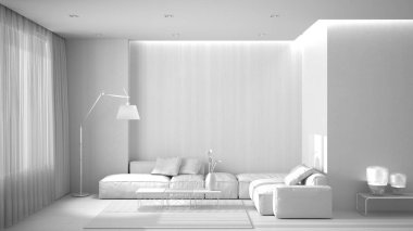 Tamamen beyaz proje taslak, parke zemin, beton duvar, ahşap panel, kanepe, halı ve sehpa, lamba ve perdeli minimum oturma odası. Çağdaş iç tasarım