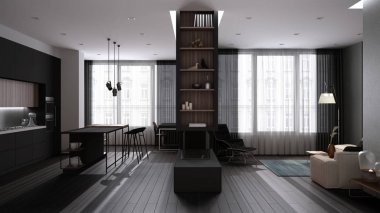 Gri ve beyaz tonlarda lüks oturma odası, adalı mutfak, tabure, parke, kanepe, koltuk, şömine, halı, perdeli pencereler. Çağdaş iç tasarım