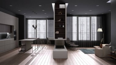 Gri ve beyaz tonlarda lüks oturma odası, adalı mutfak, tabure, parke, kanepe, koltuk, şömine, halı, perdeli pencereler. Çağdaş iç tasarım