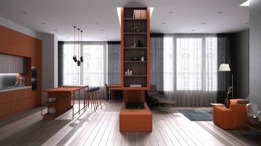 Gri ve turuncu tonlarda lüks oturma odası, adalı mutfak, tabure, parke, kanepe, koltuk, şömine, halı, perdeli pencereler. Çağdaş iç tasarım