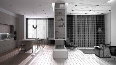 Mimari iç mimar konsepti: tamamlanmamış proje gerçek, lüks, minimal oturma odası, adalı mutfak, parke, kanepe, koltuk, şömine, perdeli pencereler