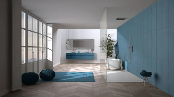 Spacious bathroom in blue tones with parquet floor, panoramic window, walk-in shower and freestanding tub, carpet with poufs, double sink, potted plant, minimalist interior design — 스톡 사진
