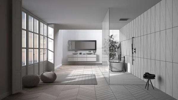 Architect interior designer concept: unfinished project that becomes real, spacious bathroom, parquet floor, window, walk-in shower, freestanding tub, double sink, minimalist design — 스톡 사진